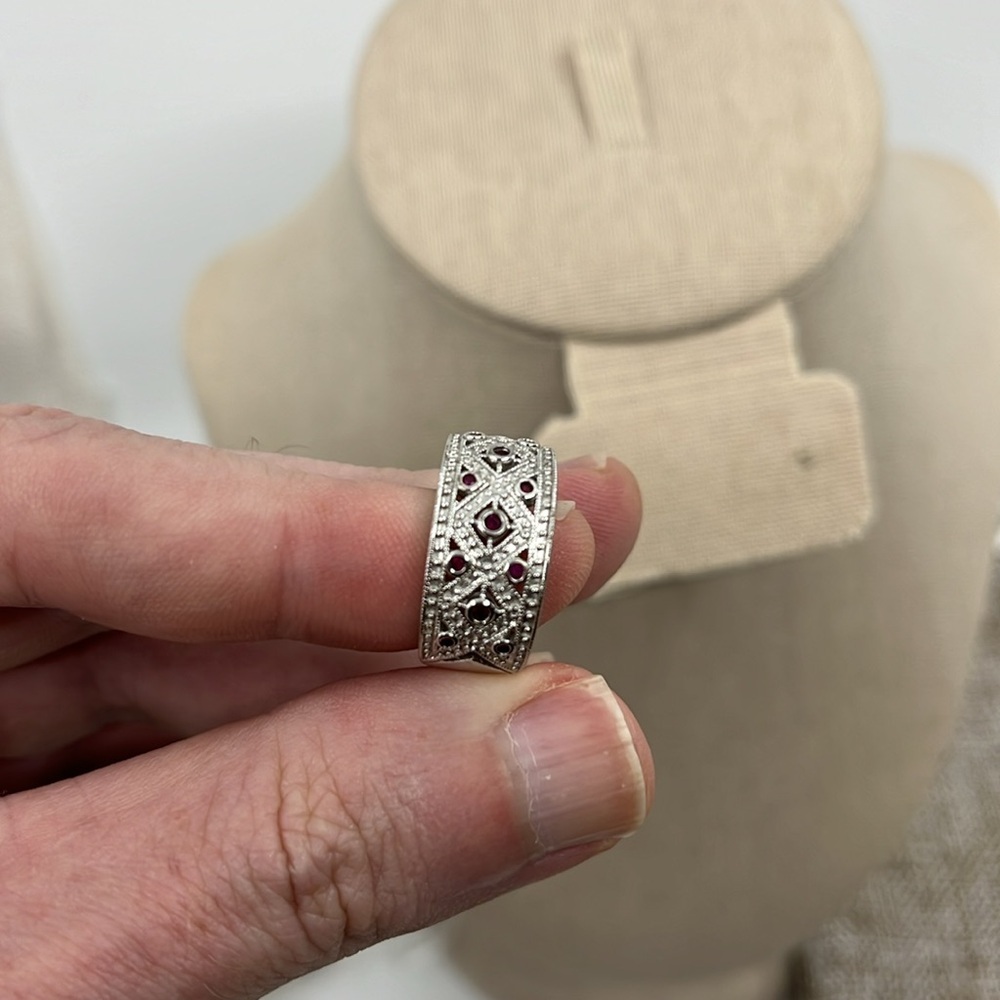 Vintage HJS 925 Sterling Silver Filigree Garnet Ruby Band Ring Size 5 Korea - Picture 14 of 15
